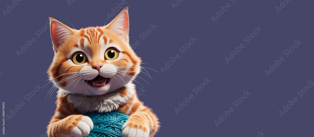 Banner with a cute red kitten and a ball of knitting threads Banner with a cute red kitten and a ball of knitting threads