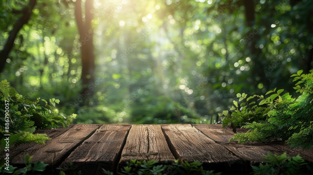Wooden deck illuminated by sunlight in a lush green forest, capturing the tranquility and beauty of nature.
Wooden deck illuminated by sunlight in a lush green forest, capturing the tranquility and beauty of nature.