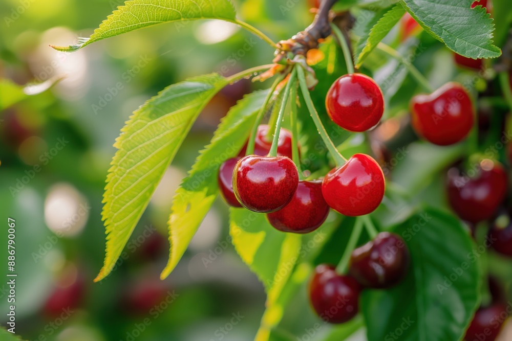 Cherry tree blooms with ripe red cherries on branches. Green leaves surround fruit clusters, creating depth in a garden setting. Blurred background highlights vibrant colors. Cherry tree blooms with ripe red cherries on branches. Green leaves surround fruit clusters, creating depth in a garden setting. Blurred background highlights vibrant colors.