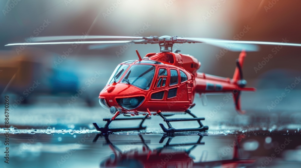 Close-up of a red toy helicopter resting on a wet surface, reflecting its vibrant color and intricate details.
Close-up of a red toy helicopter resting on a wet surface, reflecting its vibrant color and intricate details.