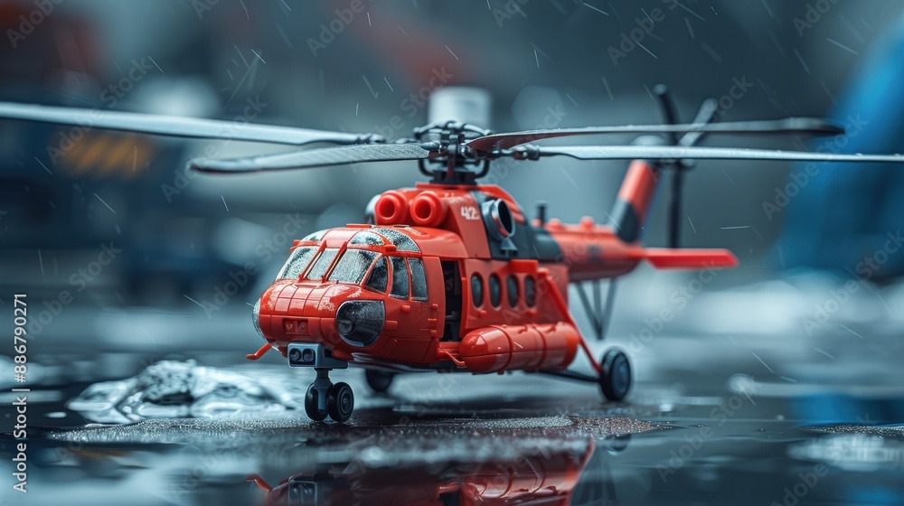 Naklejka premium Close-up of a red toy helicopter on a wet surface during rain, capturing details and reflections in a rainy setting. 