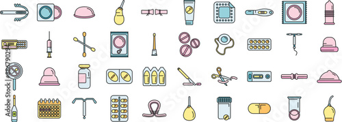 Contraceptives icons set outline vector. Birth control. Natural cap thin line color flat on white