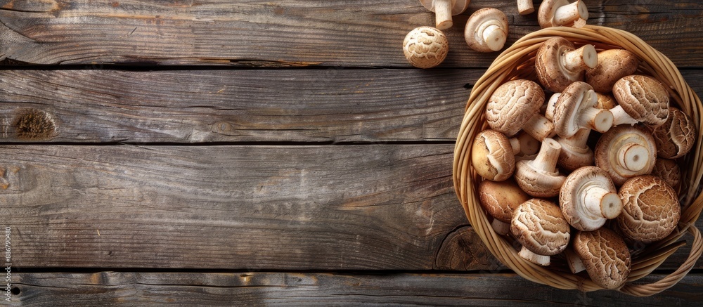 Top view of a basket filled with various mushrooms on a rustic wooden table, allowing for text placement within the image. Top view of a basket filled with various mushrooms on a rustic wooden table, allowing for text placement within the image.