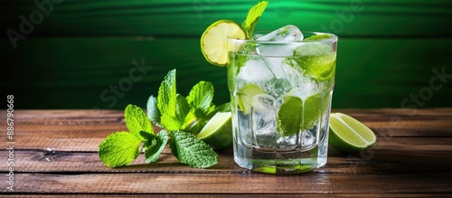 Glass with a refreshing mojito cocktail, ice, mint, and lime on a wooden rustic backdrop, suitable for text with a copy space image. photo