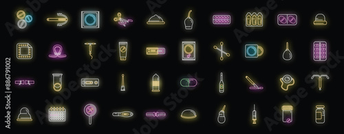 Contraceptives icons set outline vector. Birth control. Natural cap neon color on black