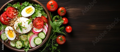 Colorful and nutritious fresh vegetable salad with tomato, cucumber, radish, boiled egg, arugula, and oatmeal displayed in a bowl, ideal for a diet. Overhead shot with copy space image.