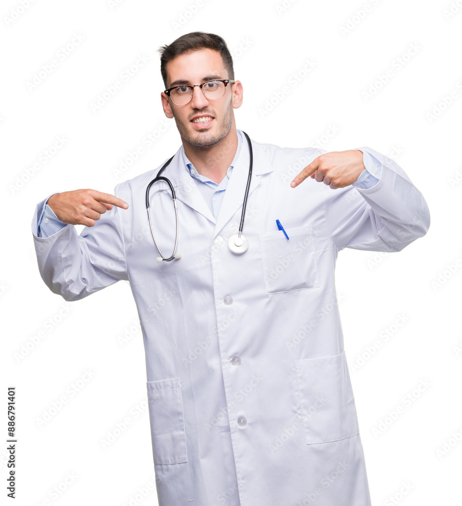 Handsome young doctor man looking confident with smile on face, pointing oneself with fingers proud and happy. Handsome young doctor man looking confident with smile on face, pointing oneself with fingers proud and happy.