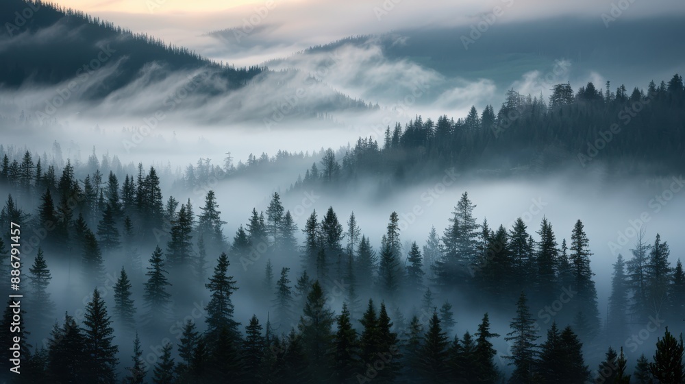 A mist-covered forest with tall, evergreen trees and rolling mountains in the background, creating a serene and breathtaking natural landscape at dawn. A mist-covered forest with tall, evergreen trees and rolling mountains in the background, creating a serene and breathtaking natural landscape at dawn.