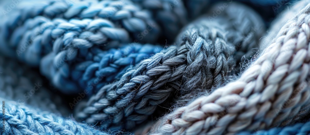 Close-up of soft, knitted wool textures in blue and gray, ideal for men's winter fashion. Textile background with space for adding text. Close-up of soft, knitted wool textures in blue and gray, ideal for men's winter fashion. Textile background with space for adding text.