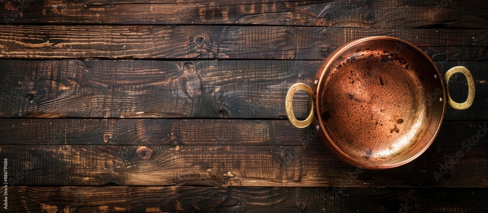 Top-down view of a copper pot on a dark wooden table with copy space image. Top-down view of a copper pot on a dark wooden table with copy space image.