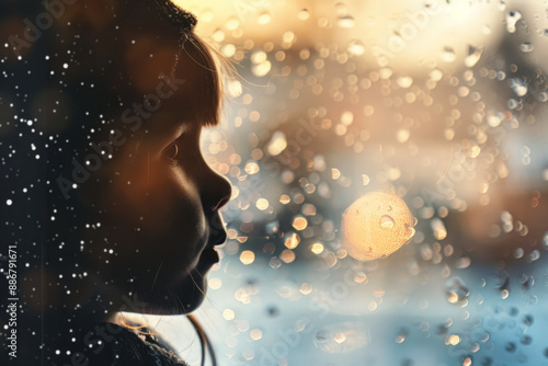 Child's Silhouette Admiring Falling Snowflakes