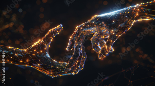 Simple depiction of two wireframe digital hands reaching towards each other on a seamless dark background, symbolizing AI connectivity