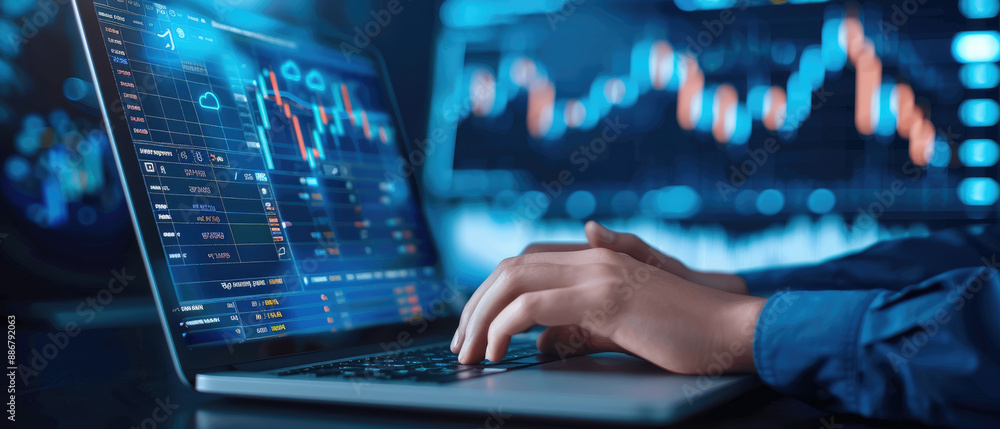 Illustration of a person trading stocks online using a laptop. Flat design concept for stock investments. Digital image for traders and investors. Illustration of a person trading stocks online using a laptop. Flat design concept for stock investments. Digital image for traders and investors.