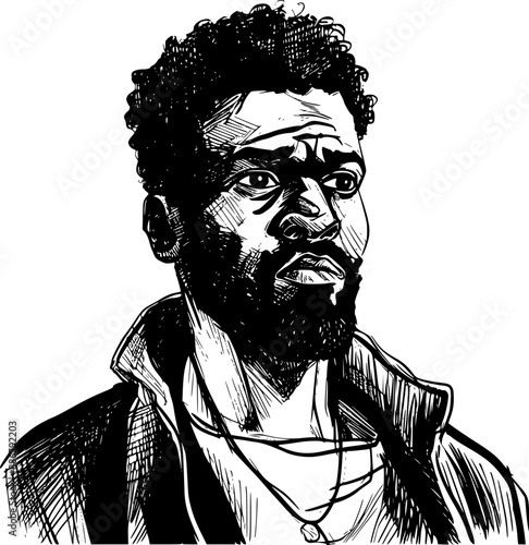 Man portrait in hand drawing or engraving style. 60s styled beautiful comic book character, black and white