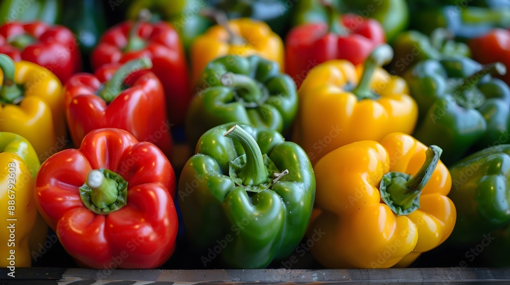 Red, green and yellow sweet bell peppers on table, close up. 