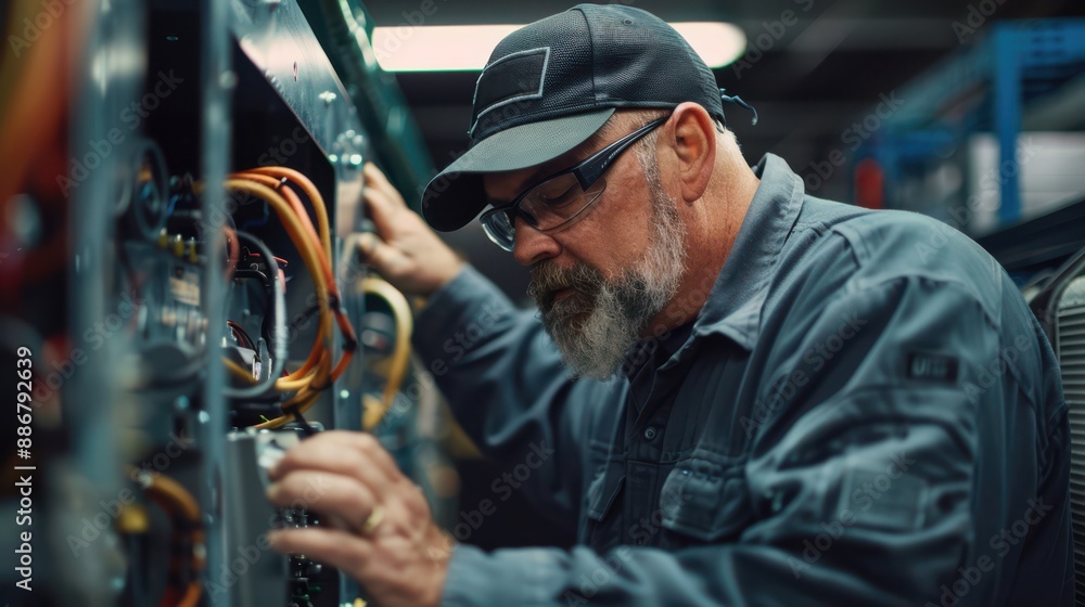 A man in a blue jacket and hat is working on a machine A man in a blue jacket and hat is working on a machine