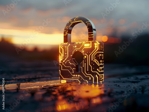 A digital padlock icon incorporating a circuit pattern, symbolizing digital security