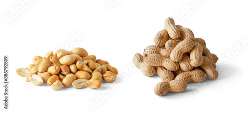 two piles of peeled and shelled peanuts isolated on white or transparent background