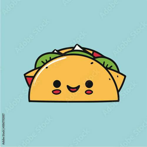 Cute Cartoon Taco with Smiling Face and Colorful Toppings