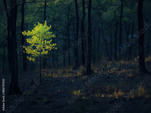 A minimalist black silhouette of a forest with one tree colored green, highlighting deforestation and the need for conservation