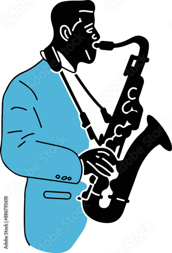 Stylized Saxophonist in Blue Suit Playing Jazz