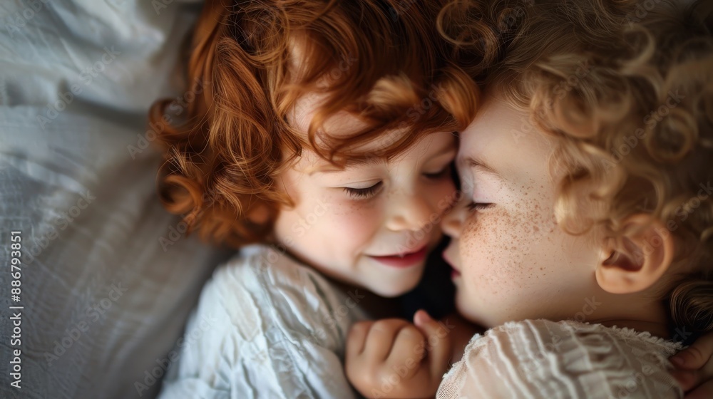 Two curly-haired children lovingly snuggle together in bed, sharing a soft and tender moment as they rest, with their delicate features and freckled faces bathed in gentle light. Two curly-haired children lovingly snuggle together in bed, sharing a soft and tender moment as they rest, with their delicate features and freckled faces bathed in gentle light.