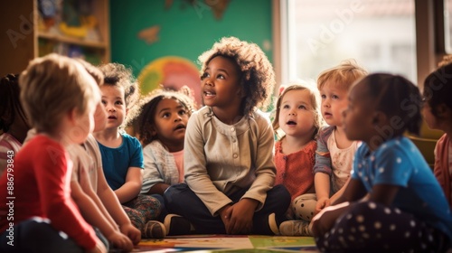 A group of preschoolers participates in storytelling. Group of toddlers sitting in classroom
