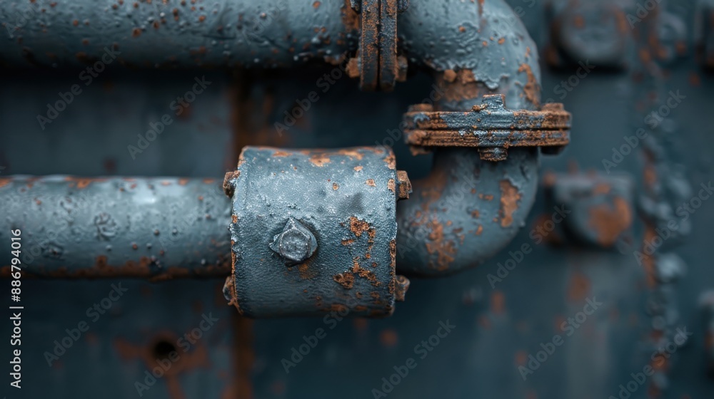 This close-up image shows a corroded industrial pipe with peeling blue paint, showcasing textures and colors of rust and metal degradation in an industrial setting. This close-up image shows a corroded industrial pipe with peeling blue paint, showcasing textures and colors of rust and metal degradation in an industrial setting.