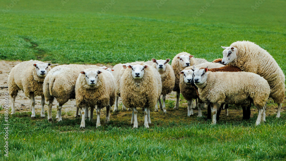 Sheep on a pasture in the Netherlands look head-on at the camera Sheep on a pasture in the Netherlands look head-on at the camera