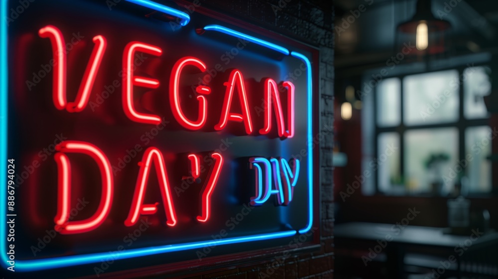 A red and blue neon sign advertising Vegan Day A red and blue neon sign advertising Vegan Day