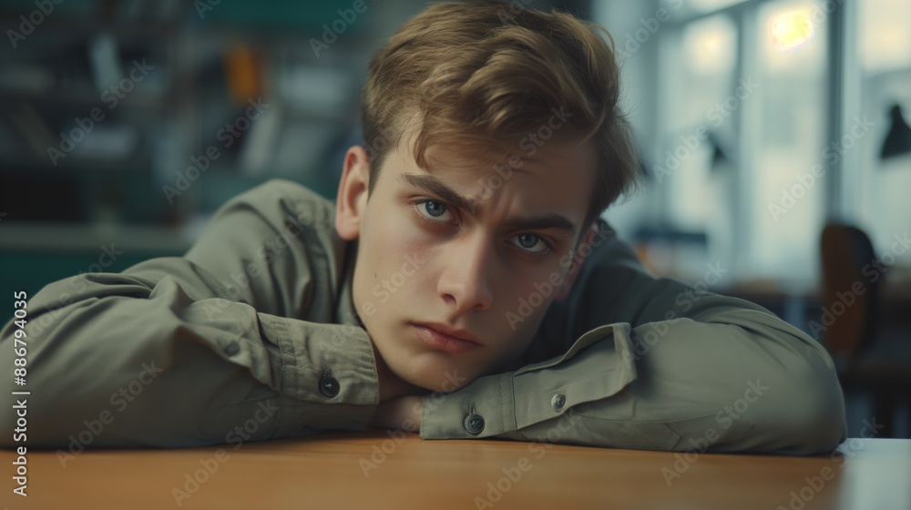 Obraz premium Eastern European Young Man with Serious Expression, Resting Head on Arms in Indoor Setting, Perfect for Editorial or Stock Photography