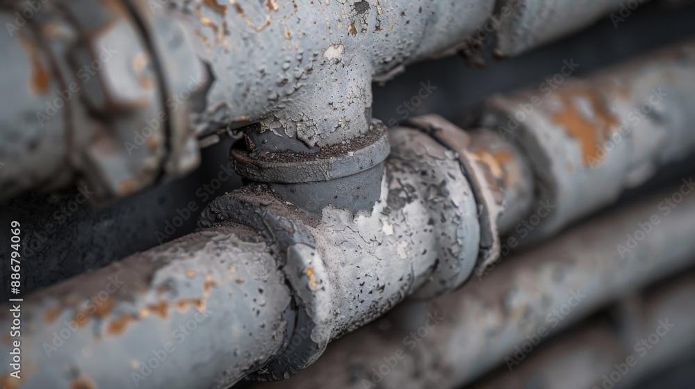A close-up image of old industrial pipes featuring peeling gray paint, highlighting the textures and signs of age through the wear and corrosion of metal surfaces. A close-up image of old industrial pipes featuring peeling gray paint, highlighting the textures and signs of age through the wear and corrosion of metal surfaces.