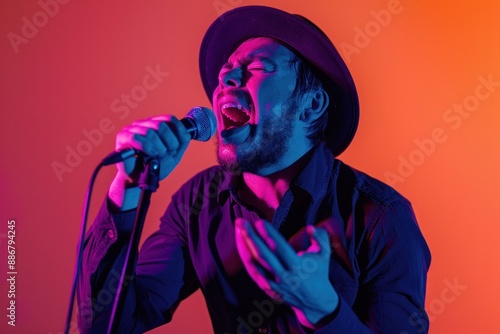 Happy young American musician wearing a black hat, black shirt, holding a microphone, singing on a gradient orange-purple studio background in neon lights.