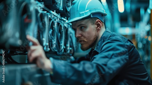 Wallpaper Mural A man in a blue jacket and a hard hat is looking at a computer monitor Torontodigital.ca