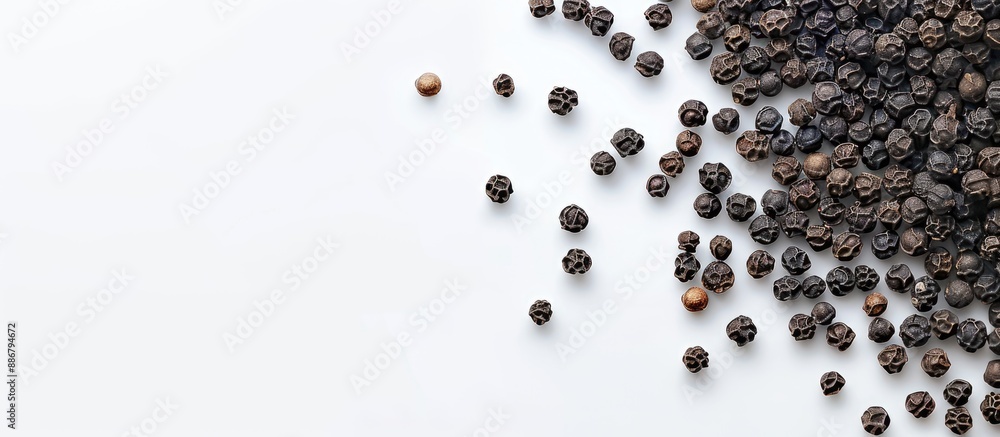 Black peppercorns with a white background providing ample space for additional content in the image. Black peppercorns with a white background providing ample space for additional content in the image.