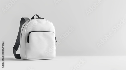 A white backpack with a black strap sits on a white background