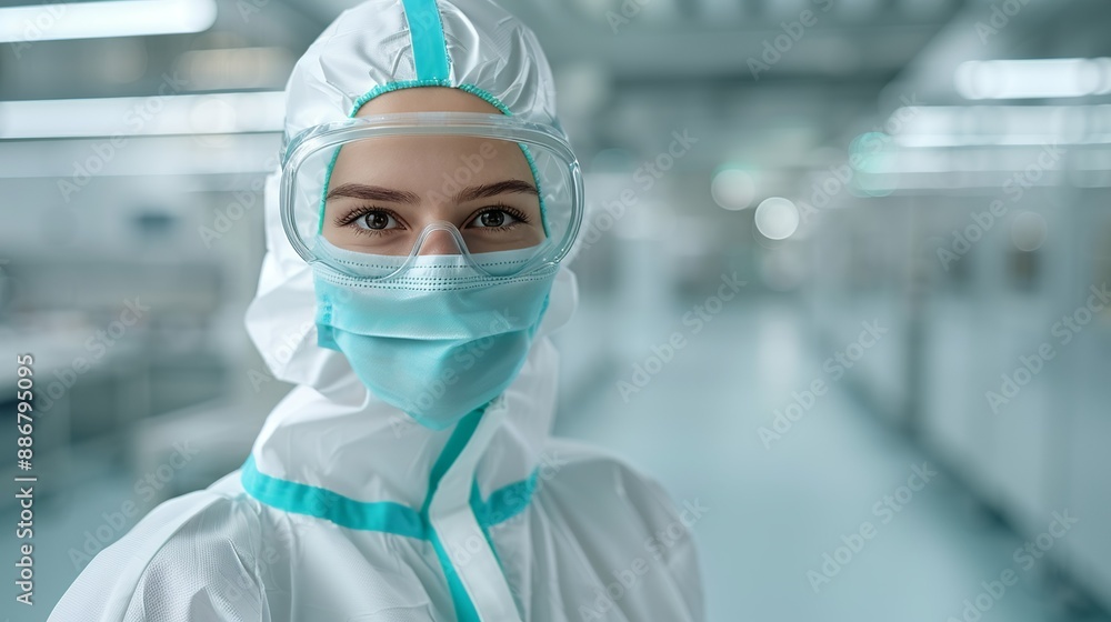 Scientist in protective gear smiling while working in a cleanroom environment representing dedication to scientific research and innovation Portrait, Realistic Photo, High resolution, Half-body Scientist in protective gear smiling while working in a cleanroom environment representing dedication to scientific research and innovation Portrait, Realistic Photo, High resolution, Half-body