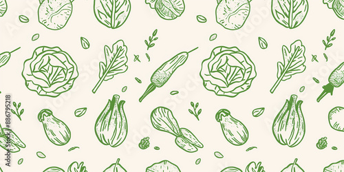 Green vegetables seamless pattern featuring cabbage, zucchini, arugula, and garlic