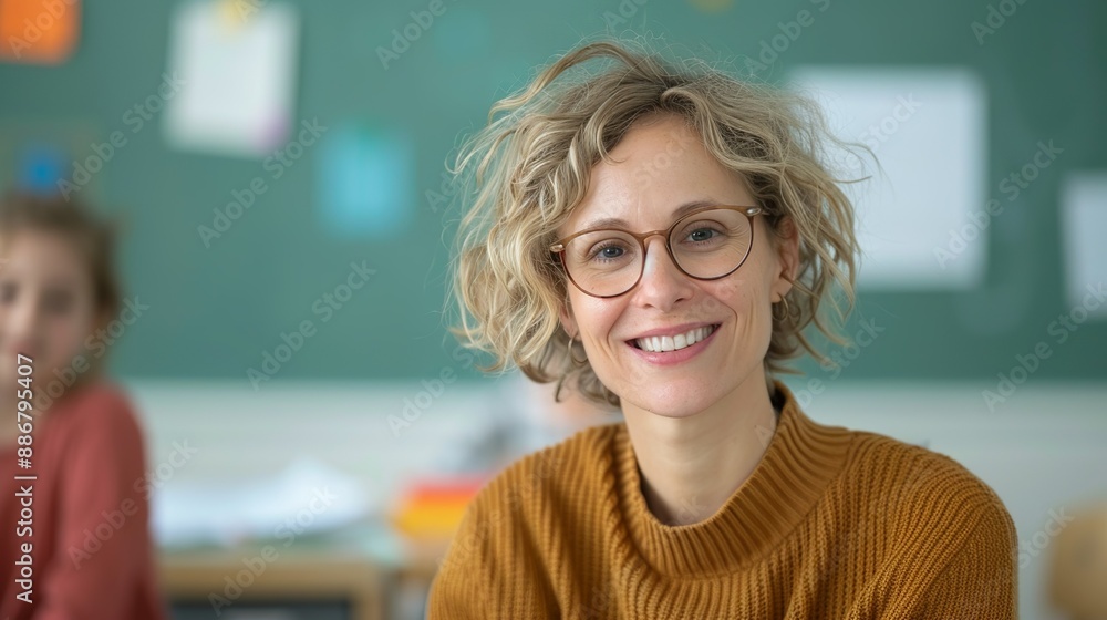 Teacher smiling while helping students with a project in a vibrant classroom representing education, guidance, and a love for teaching Portrait, Realistic Photo, High resolution, Half-body picture, , Teacher smiling while helping students with a project in a vibrant classroom representing education, guidance, and a love for teaching Portrait, Realistic Photo, High resolution, Half-body picture, ,