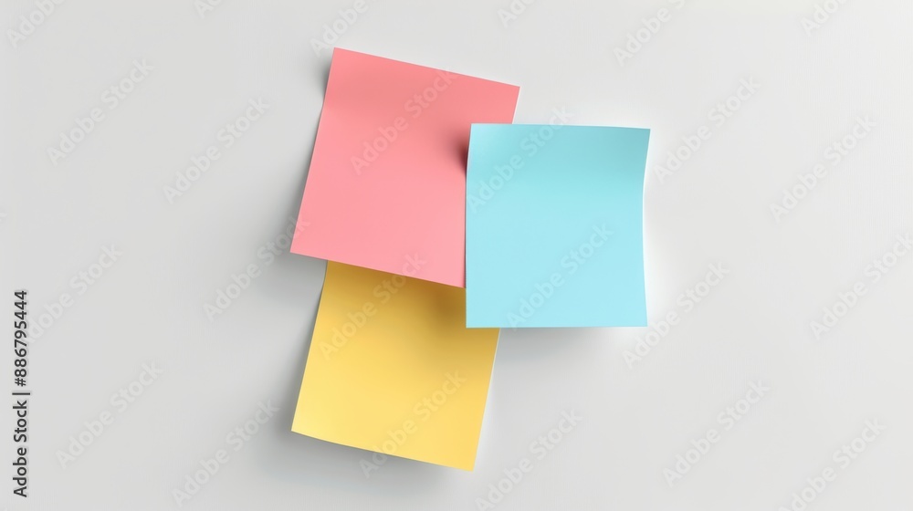 Three colorful sticky notes are stuck together on a white background Three colorful sticky notes are stuck together on a white background