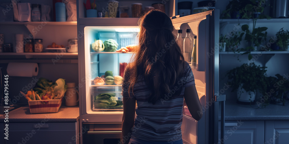 Woman looking for something to eat in a refrigerator full of fresh food at night Woman looking for something to eat in a refrigerator full of fresh food at night