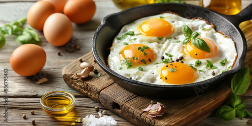 Four fried eggs with herbs and spices in cast iron pan for breakfast photo