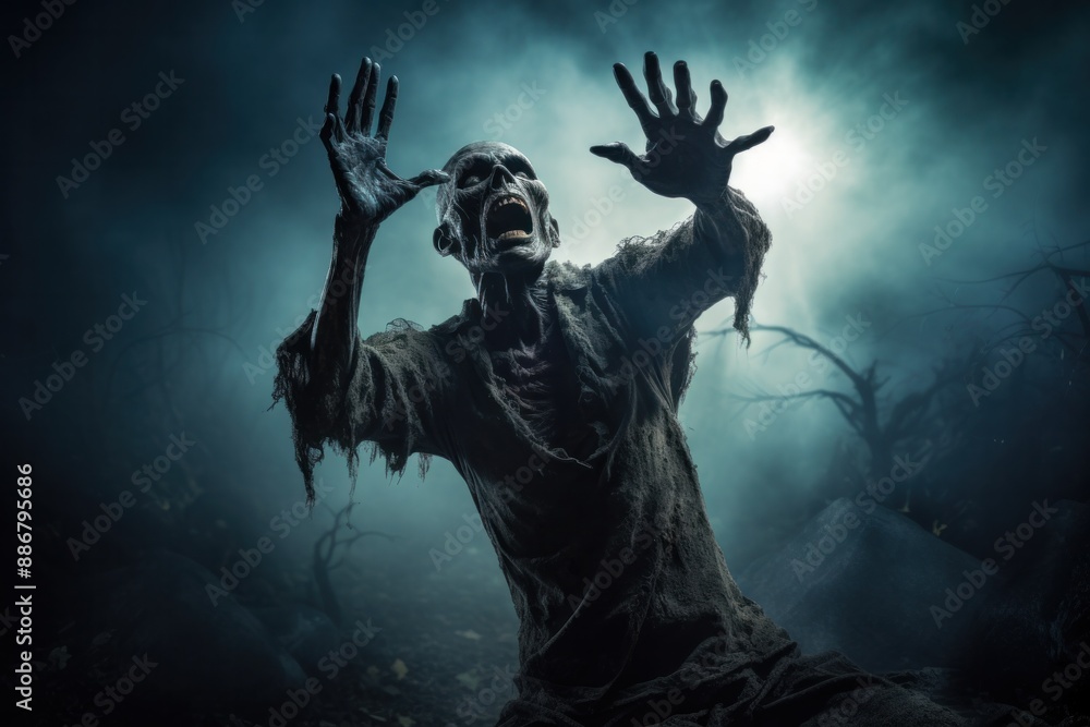 A terrifying undead zombie reaches out in an abandoned graveyard under the moonlight. Blue A terrifying undead zombie reaches out in an abandoned graveyard under the moonlight. Blue