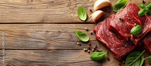 Light wood table with raw beef steak, garlic, and a piece of meat arranged for a copy space image. photo