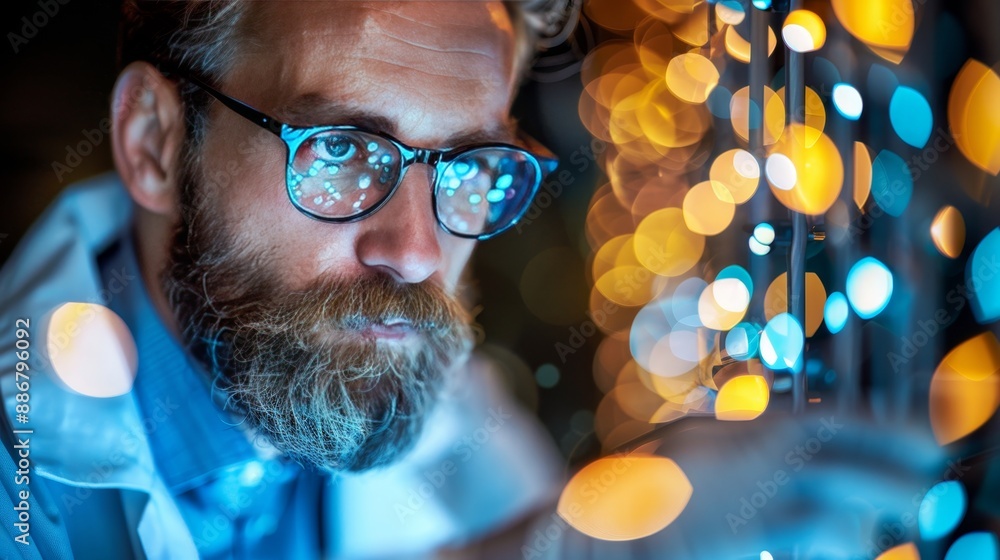 Futuristic doctor using advanced holographic screen in high tech medical facility at night Futuristic doctor using advanced holographic screen in high tech medical facility at night