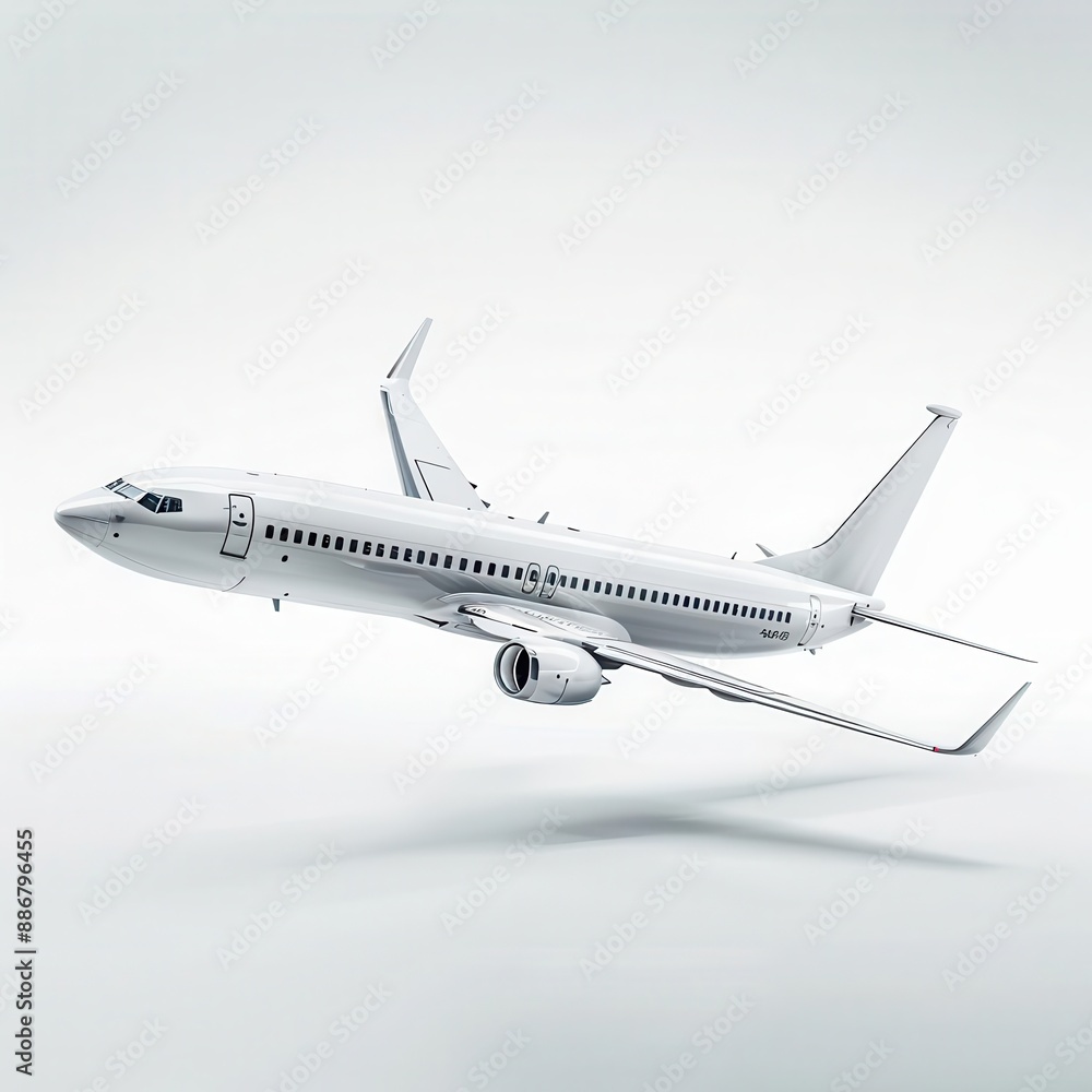 White airplane in flight against a white background. White airplane in flight against a white background.