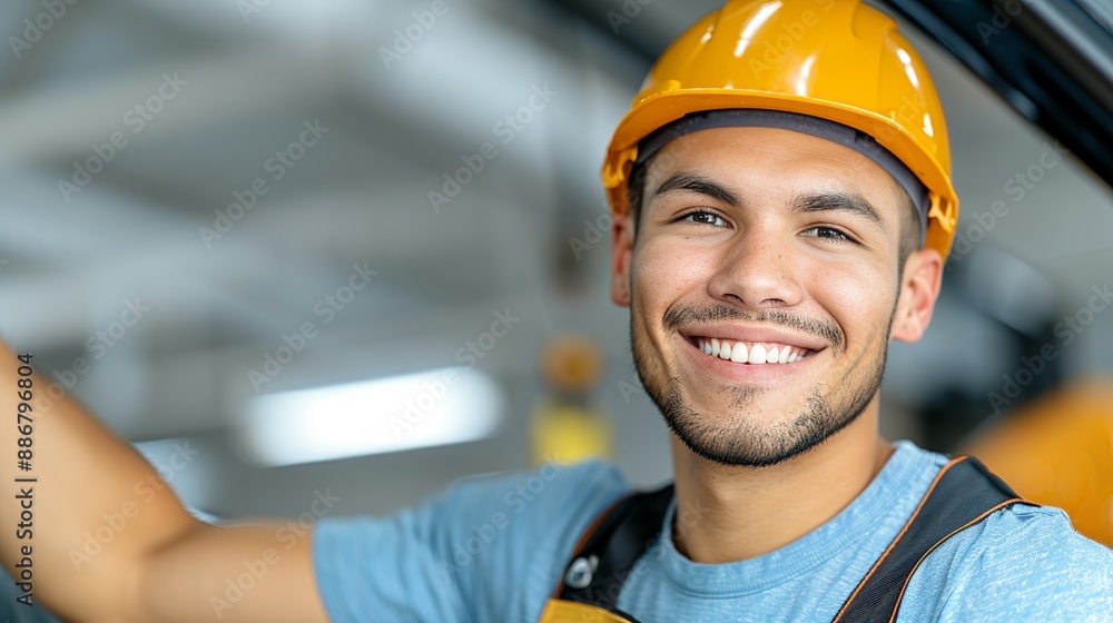 Mechanic smiling while repairing a car in an auto shop representing ...