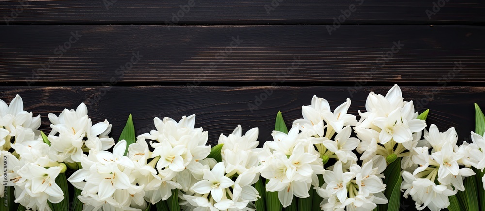 White hyacinth flowers set on a black wooden table with copy space image. White hyacinth flowers set on a black wooden table with copy space image.