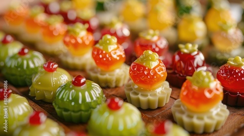 Close-up of 'Luk Chup,' miniature Thai fruit-shaped mung bean desserts, with intricate details and glossy finish, arranged on a wooden tray 