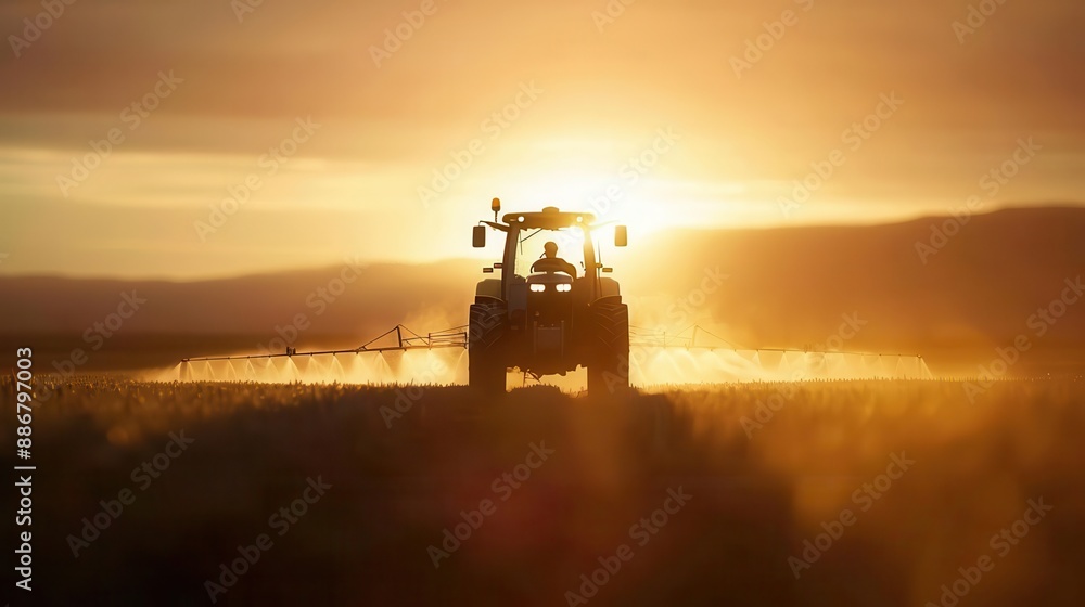 Fototapeta premium Silhouette of a tractor driving through a field at sunset.